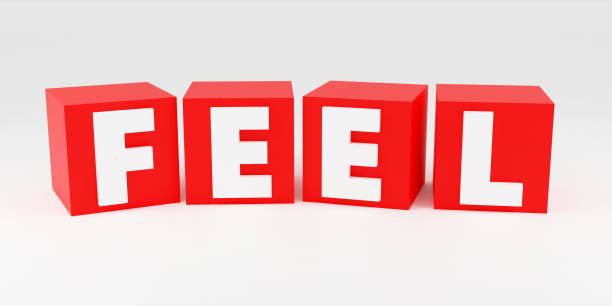 istock Luxury red cubes inscription feel on grey podium, soft light, smooth background, 3d rendering 2151923206