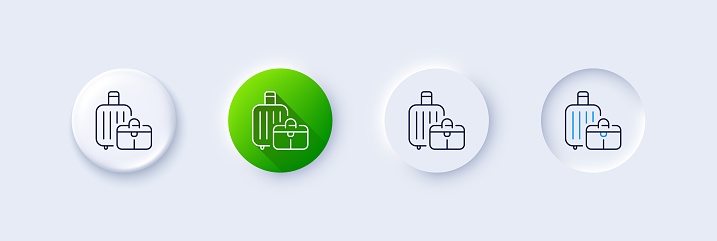 Baggage line icon. Neumorphic, Green gradient, 3d pin buttons. Travel luggage sign. Journey bag claim symbol. Line icons. Neumorphic buttons with outline signs. Vector