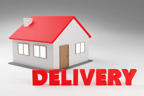 istock 3d render sign delivery on tiny houses and light background. Simple minimalism concept. 2151924591