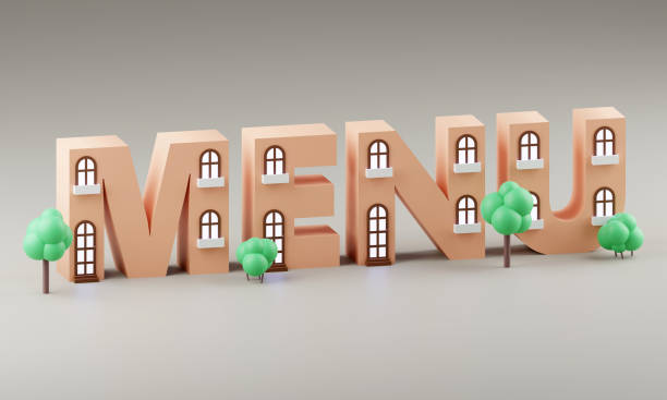 istock 3d Cute little houses on grey background saying menu. 3D Illustration 2151924654