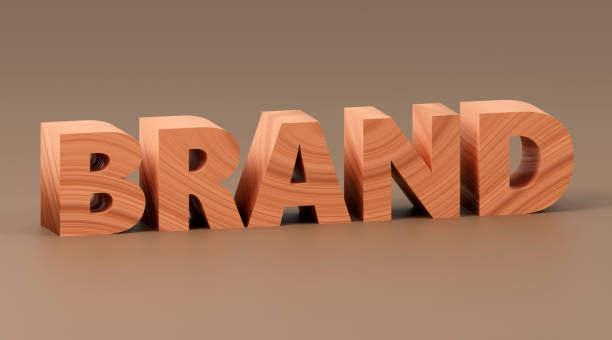 Luxury wooden inscription brand on grey podium, soft light, front view smooth background, 3d rendering