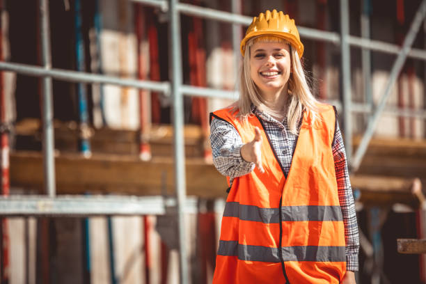 istock Architect woman happy on construction site in industry, planning 2151925132