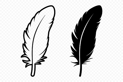 Vector Black and White Fluffy Feather Logo Icons. Silhouette Feather Set Closeup Isolated. Design Template of Flamingo, Angel, Bird Feather. Lightness and Freedom Concept.