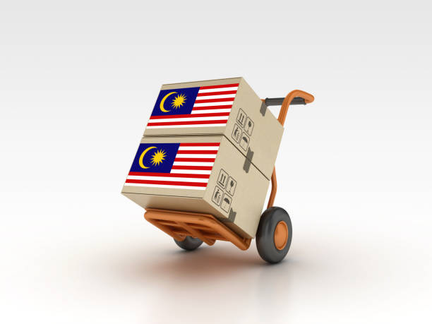 Malaysian Flag with Cardboard Boxes on Hand Truck - Gray Background - 3D Rendering