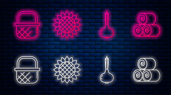 Set line Sunflower, Onion, Shopping basket and Roll of hay. Glowing neon icon on brick wall. Vector