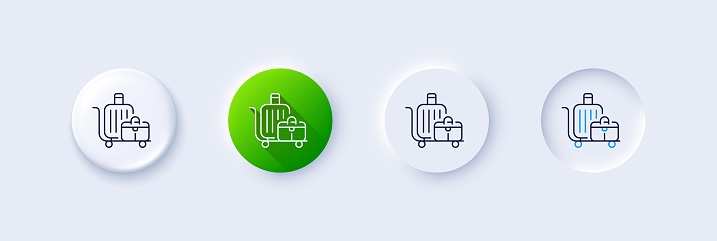 Baggage cart line icon. Neumorphic, Green gradient, 3d pin buttons. Travel luggage sign. Journey bag trolley symbol. Line icons. Neumorphic buttons with outline signs. Vector
