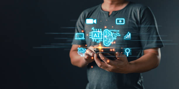 istock Man touch icon ai and use smartphone, Marketers education, research, analyze media video streaming content creation and online marketing strategies to grow their digital business. 2151929662