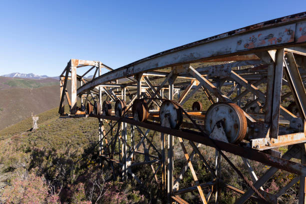 istock Metal structure tower with concrete base from coal mine cable cart industrial abandoned cableway on a spring sunny 2151929708