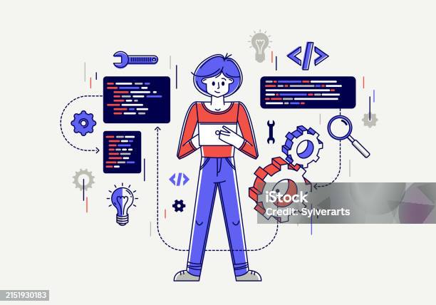 Computer Engineer In Work Vector Outline Illustration Programmer And ...