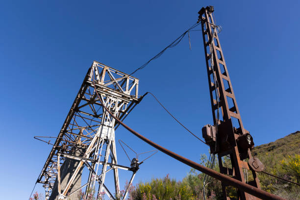 istock Abandoned industrial coal mining steel structure tower from cableway with cable in Tormaleo Asturias province of Spain on a bright day. 2151930390