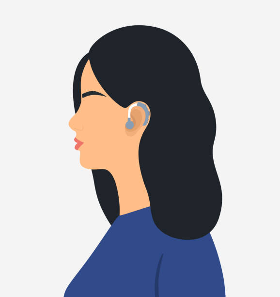 illustrazioni stock, clip art, cartoni animati e icone di tendenza di vista laterale della donna con apparecchio acustico sull'orecchio. perdita dell'udito e sordità - perdita delludito
