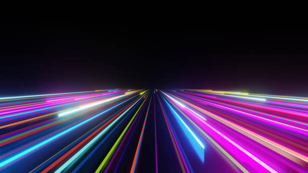 istock 3d Render, Colorful light fast and speed line with glowing, high speed trail flare on dark background. 2151934327