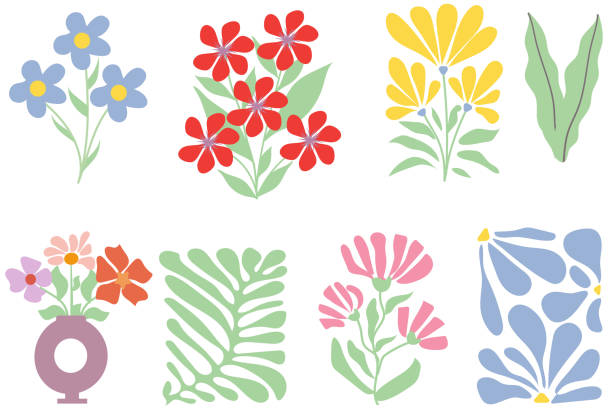 Botanical abstract flower art set. Flower and leaves abstract shape doodle art design for print, wallpaper, clipart, wall art for home decoration