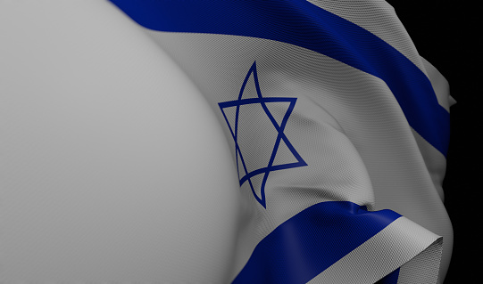 Concept of Palestine and Israel conflict: Palestinian and Israeli national flags symbol background. Horizontal illustration in 3D with copy space.