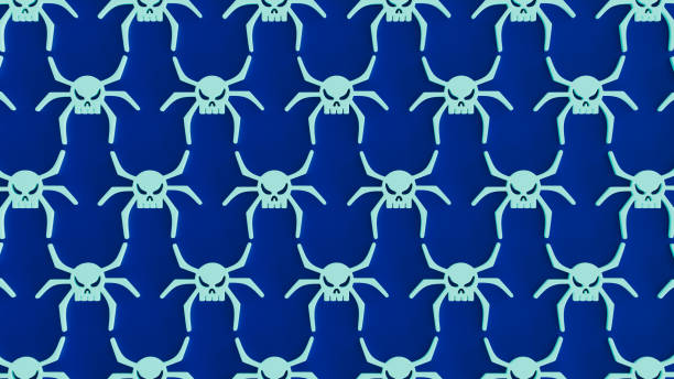 Group of green insect shape skull icons on blue stage, computer virus and security theme, 3d rendering, horizontal image