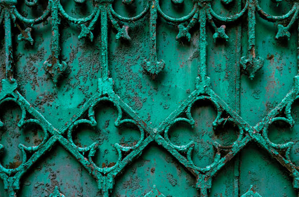 Ancient green  rusty forged fence decoration,  vintage decoration for design purpose