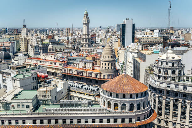 High angle shot capturing the vibrant urban landscape and architectural details in Buenos Aires, Argentina.