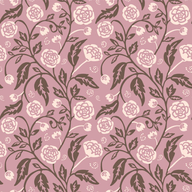 istock Rose Magnolia Peony Begonia Iris Abstract Seamless Vector Pattern in peach color Light Pink Color. Modern Victorian Style 2151939930