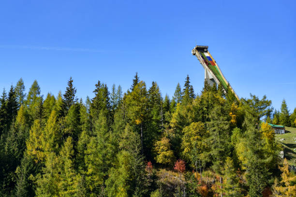 Strbske Pleso, Slovakia - October 8, 2022: Famous ski jumping bridge in Strbske Pleso in Slovakia during October 2022