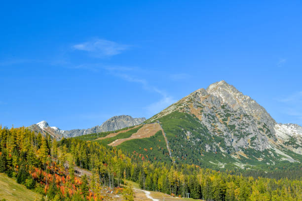 Strbske Pleso, Slovakia - October 8, 2022: Skiing resort under Solisko peak in Strbske Pleso in Slovakia during autumn 2022