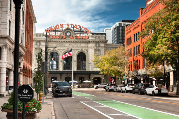 Denver, Colorado - September 18, 2023:  Denver Colorado downtown business district leading to Union Station railway and public transportation commuter train hub