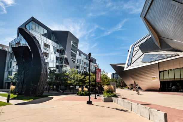 Denver Art Museum Colorado USA Denver, Colorado - September 18, 2023: Modern architectural entrance and grounds of the Denver Art Museum and the Monoliths sculpture by Beverly Pepper in the downtown core Colorado USA colorado flag art pictures stock pictures, royalty-free photos & images