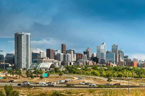 Denver, Colorado - September 19, 2023:  Denver Colorado downtown city skyline view over the freeway and South Platte River