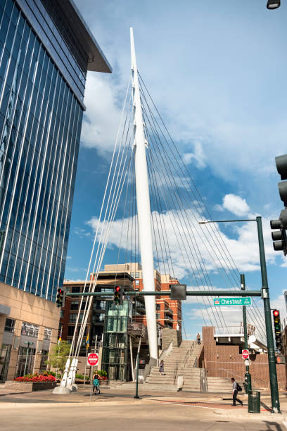 The architectural angles of Peachtree Center as seen from a sidewalk in Atlanta, Georgia.