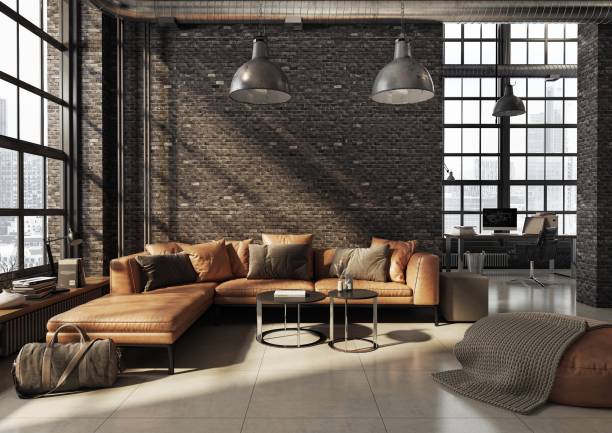 istock Modern loft living room with dark brick walls 2151944932
