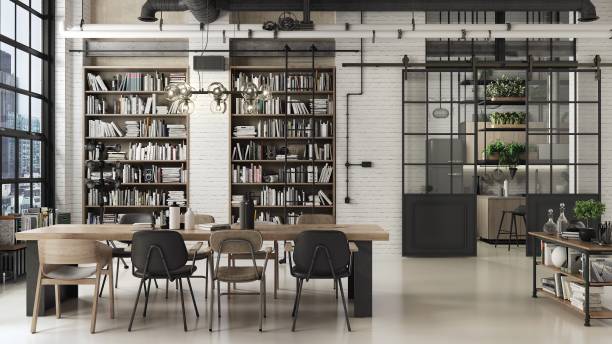 istock Loft dining room interior adapted as a modern and spacious apartment with white brick walls. 2151944956