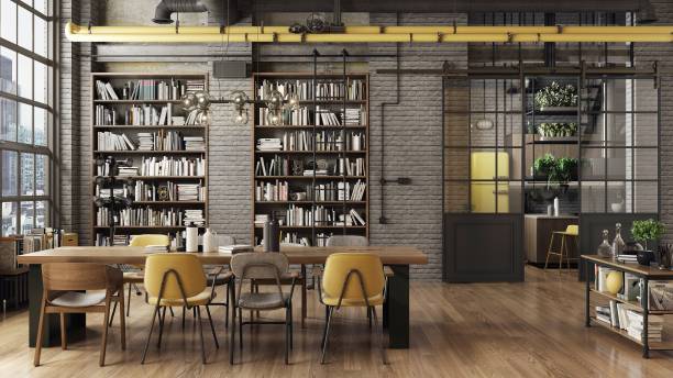 istock Loft dining room interior adapted as a modern and spacious apartment with grey brick walls and yellow elements. 2151944993