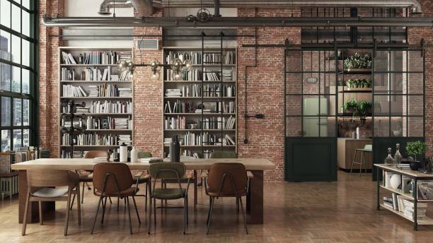 istock Loft dining room interior adapted as a modern and spacious apartment with raw brick walls. 2151945009