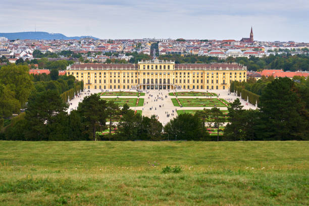 Schonbrunn Palace and grounds from the Gloriette. The city of Vienna, Austria in the background. September 25, 2023.