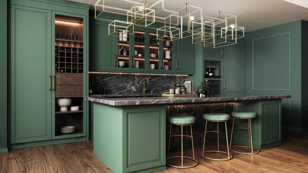 Green kitchen designed as a combination of classic modern and glamour styles.