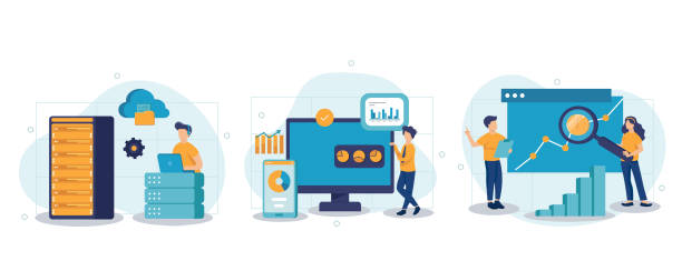 illustrations, cliparts, dessins animés et icônes de ensemble d’illustrations big data et cloud computing. personnages métier utilisant des serveurs distants pour analyser de grands ensembles de données et reconnaître les erreurs. concept de données exploitables. illustration vectorielle. - collection