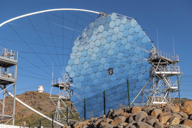 Astronomical observatory with telescopes and the moon in the sky, a large mirror is also visible.