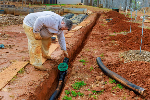 istock Drain pipe for storm drainage is installed in a trench drain for draining rainwater 2151959396