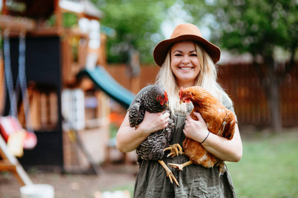 istock Woman stands in backyard holding two chickens 2151960396
