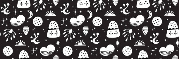 Seamless neo folk art vector pattern with mountains, moon and flowers, black and white floral design. Neo folk style endless background perfect for textile design. Seamless neo folk art vector pattern with mountains, moon and flowers, black and white floral design. Neo folk style endless background perfect for textile design traditional sun symbol art for sale stock illustrations