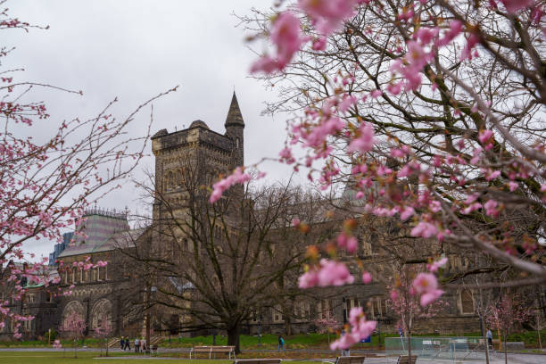 Toronto, Canada -April 26, 2024: The campus of the University of Toronto is full of flowers and students walking everywhere in spring