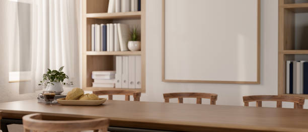 istock A display space for showcase products on a wooden dining table in a cozy contemporary dining room. 2151979324