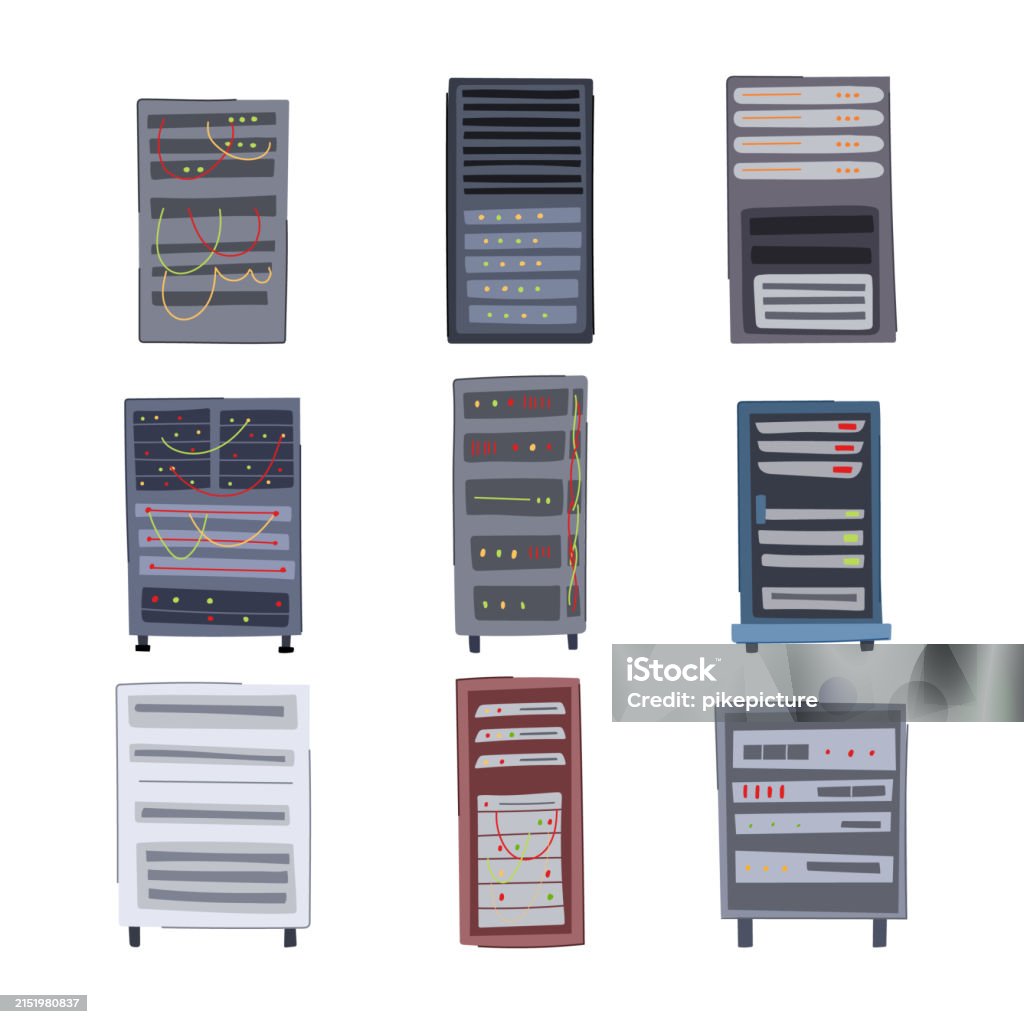 Computer Rackable Dessin Illustration Vectorielle De Dessin Animé Densemble De Rack De Serveur ...