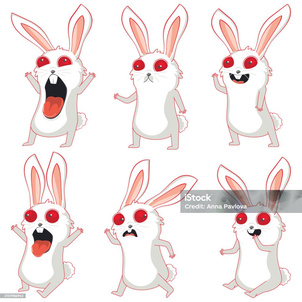 Nervous Rabbit Animation Crazy White Bunny In Different Poses Set Stock Illustration - Download ...