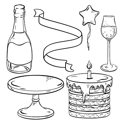 A monochrome illustration featuring drinkware such as a bottle of champagne, a wine glass, a cake, and sparklers perfect for celebrating occasions with style
