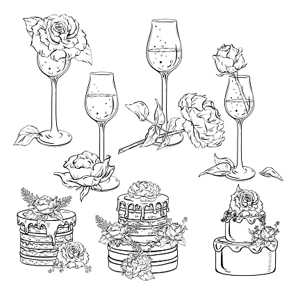 A monochrome illustration featuring drinkware, roses, and pancakes. This design includes a cake, wine glasses, and intricate line art details