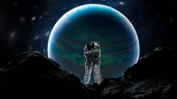 istock Two astronauts hugging on foreign terrain with a massive, colorful planet looming in the night sky. 3d render 2151991067