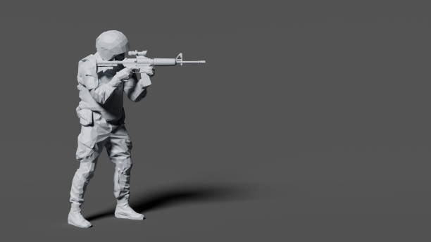 Soldier clad in tactical equipment stands aiming a rifle, isolated against a grey backdrop. 3d render