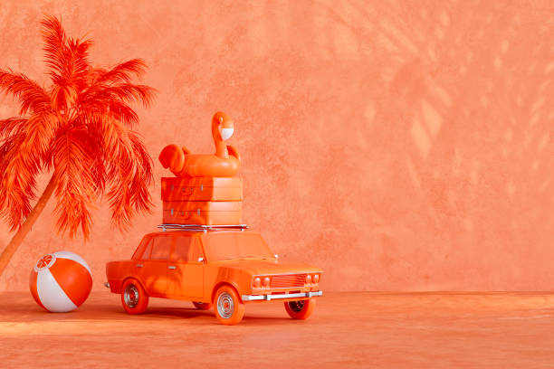 istock Summer Holiday Travel with Car on Orange Background 2151993156