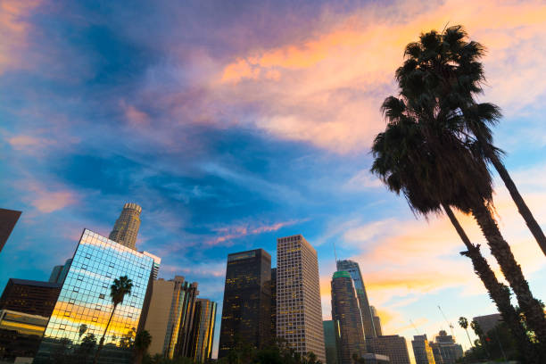 istock Los Angeles Downtown at Sunset with a Colorful Sky, Palm Trees 2151994655