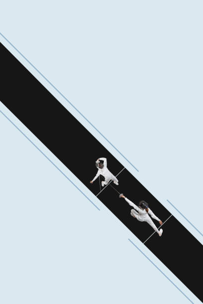 Aerial view on two fencing athletes in full uniform with swords practicing. Concentrated and focused players. Creative collage. Concept of sport, game, competition, tournament. Minimal poster